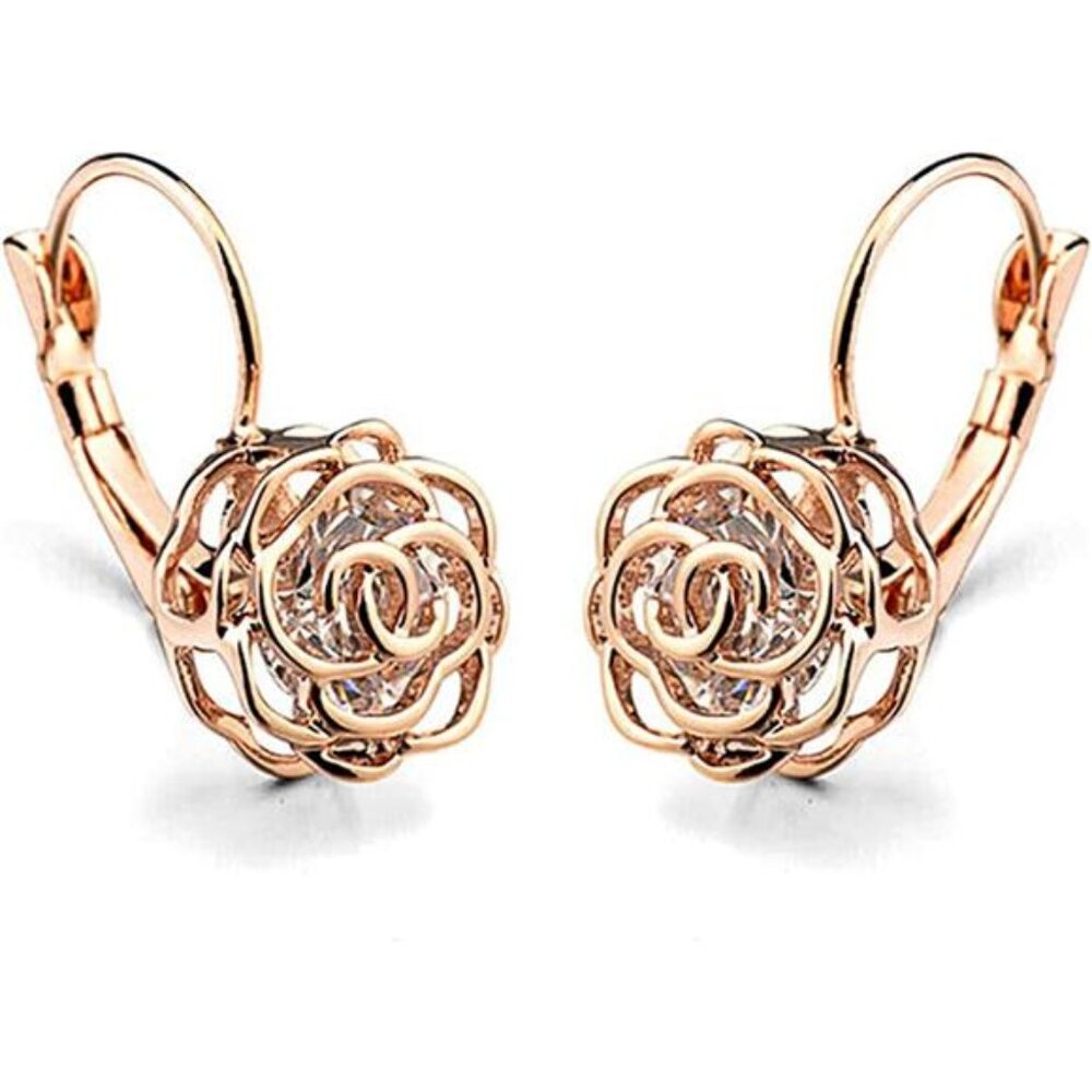Rose Gold Plated Hollow Rose Flower Leverback Earrings with Swarovski Crystals